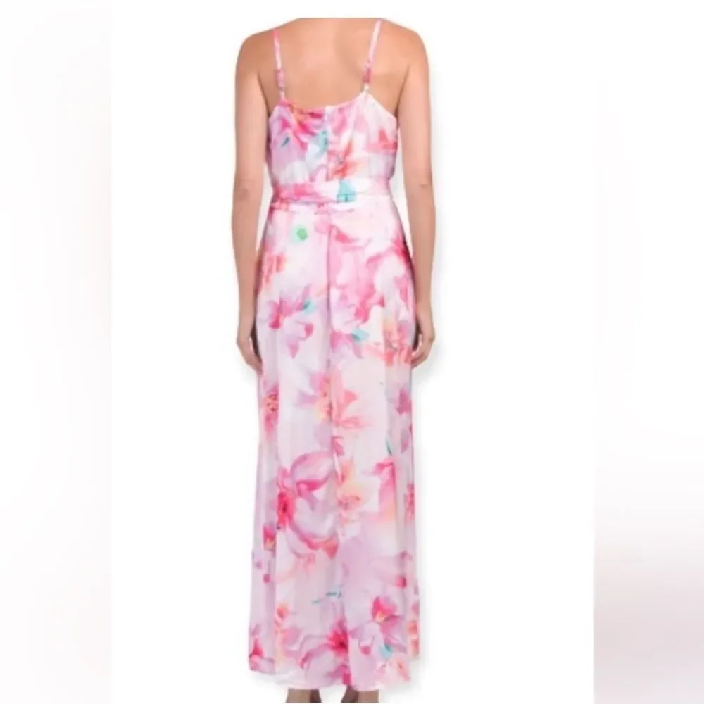 Nicole Miller Floral Dress Maxi Slip Long Sleeveless Satin Silky New Pink Small - Picture 2 of 14